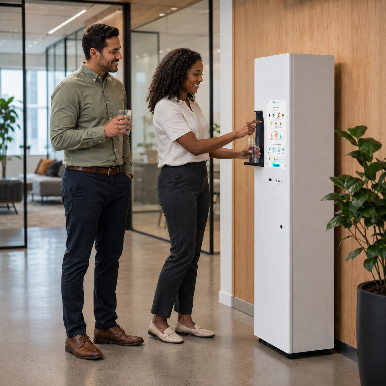 Office employees enjoying Drop Water Refill refreshment in their breakroom