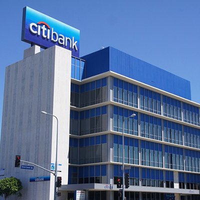 Citibank is pictured atop the Citi Bank building in downtown Los Angeles