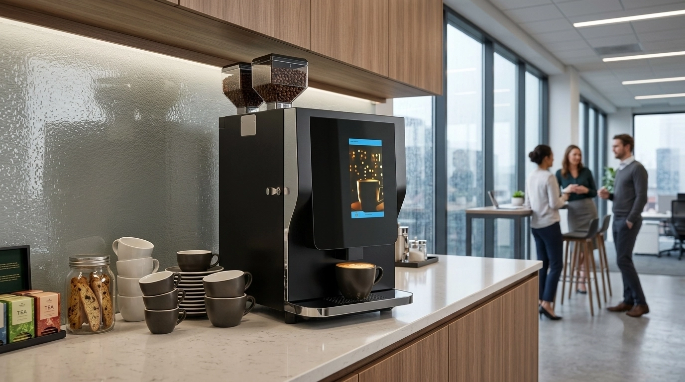 Clean, organized office breakroom featuring a commercial espresso machine from Espresso-Etc.