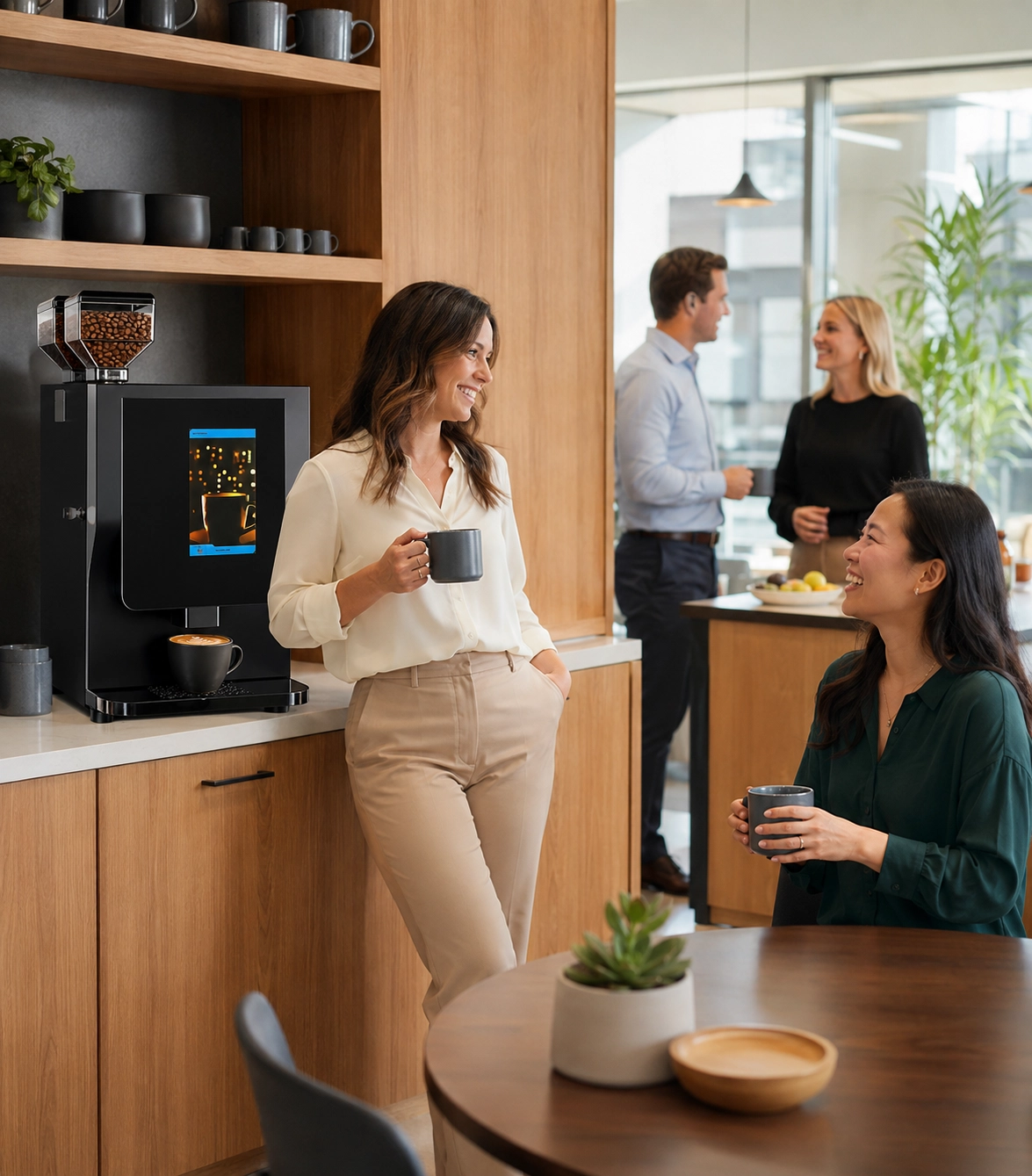 Employees enjoying fresh coffee in a modern office breakroom