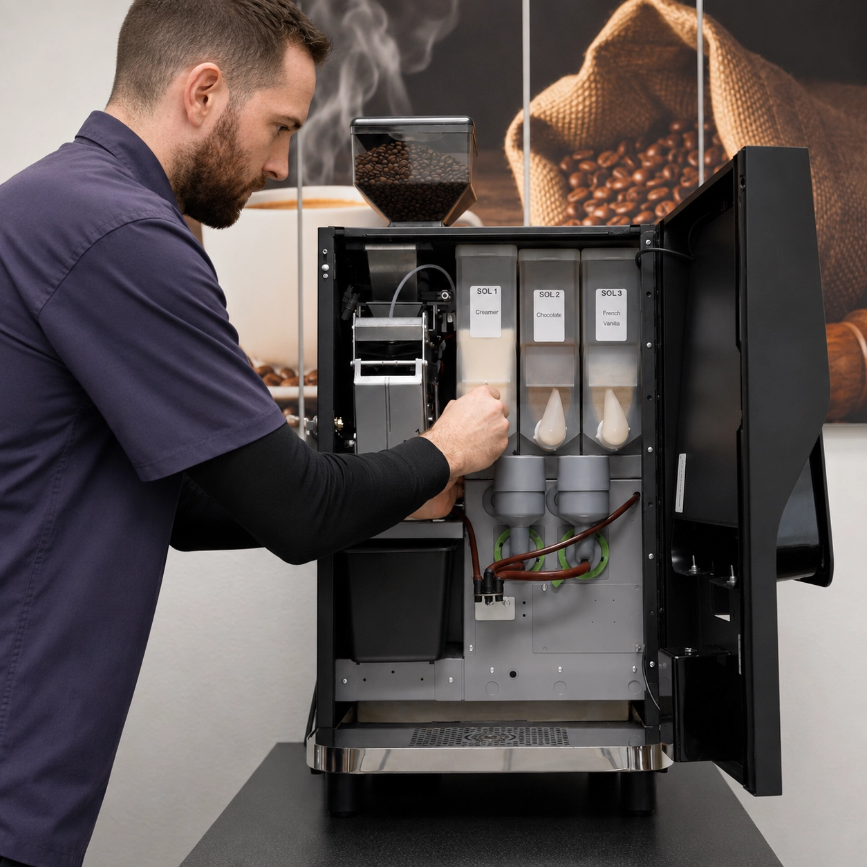 Espresso-Etc! technician servicing a commercial office coffee machine.