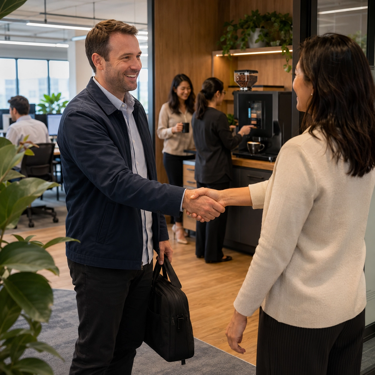 An office coffee services distributor greeting an office manager.