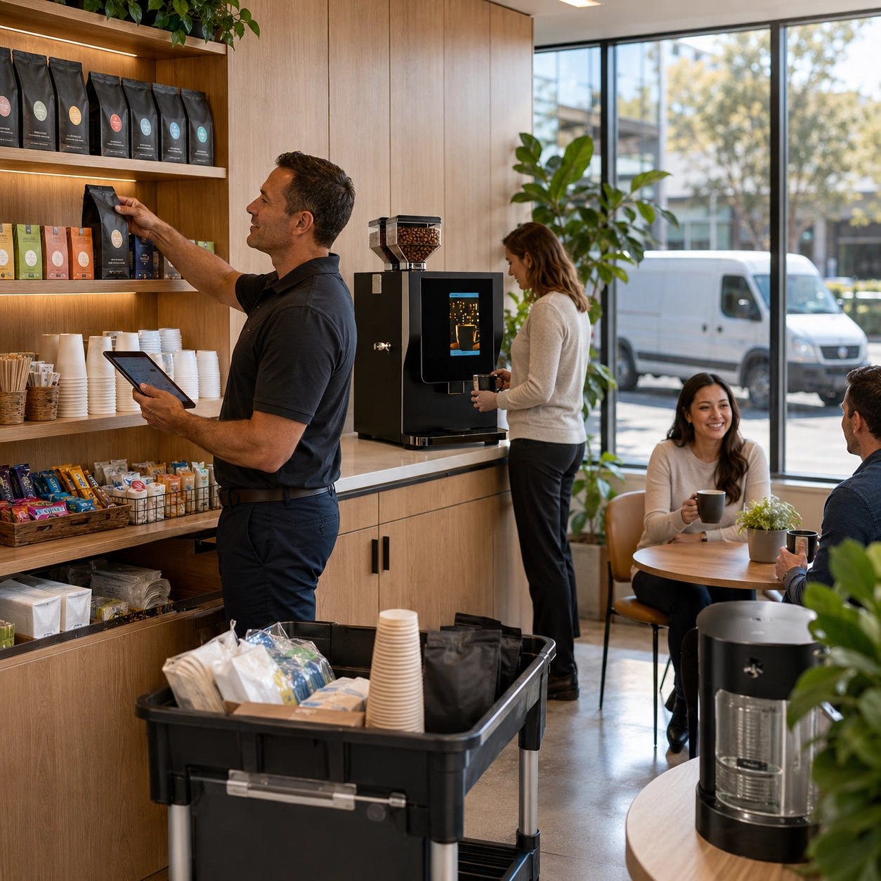 Premium coffee service distributor restocking the shelves in a high-end business breakroom