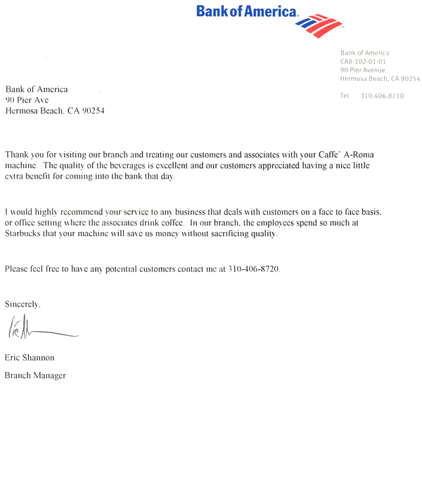 review from Bank of America giving us a great review for office coffee services.