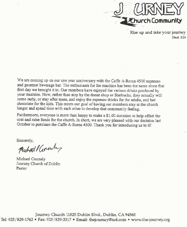 Testimonial from Journey Community Church on the Office Coffee Machine.