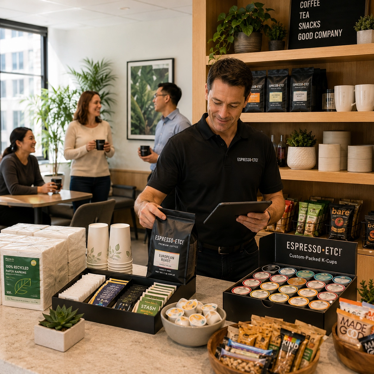  An Espresso-Etc! distributor restocking whole bean coffee, custom-packed K-Cups, tea, creamers, cups, healthy snacks, and paper products in an organized office breakroom. The distributor is checking inventory on a handheld tablet while employees naturally enjoy coffee nearby.